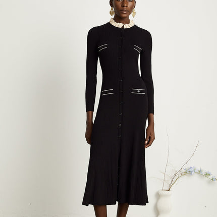 Nadège black ruffledneck knitted midi dress