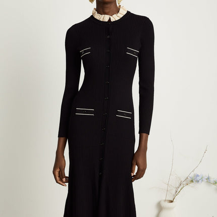 Nadège black ruffledneck knitted midi dress