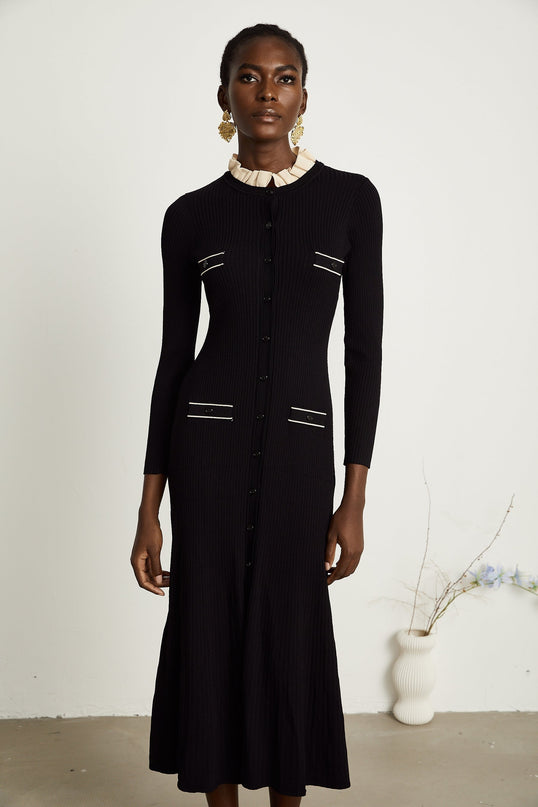 Nadège black ruffledneck knitted midi dress