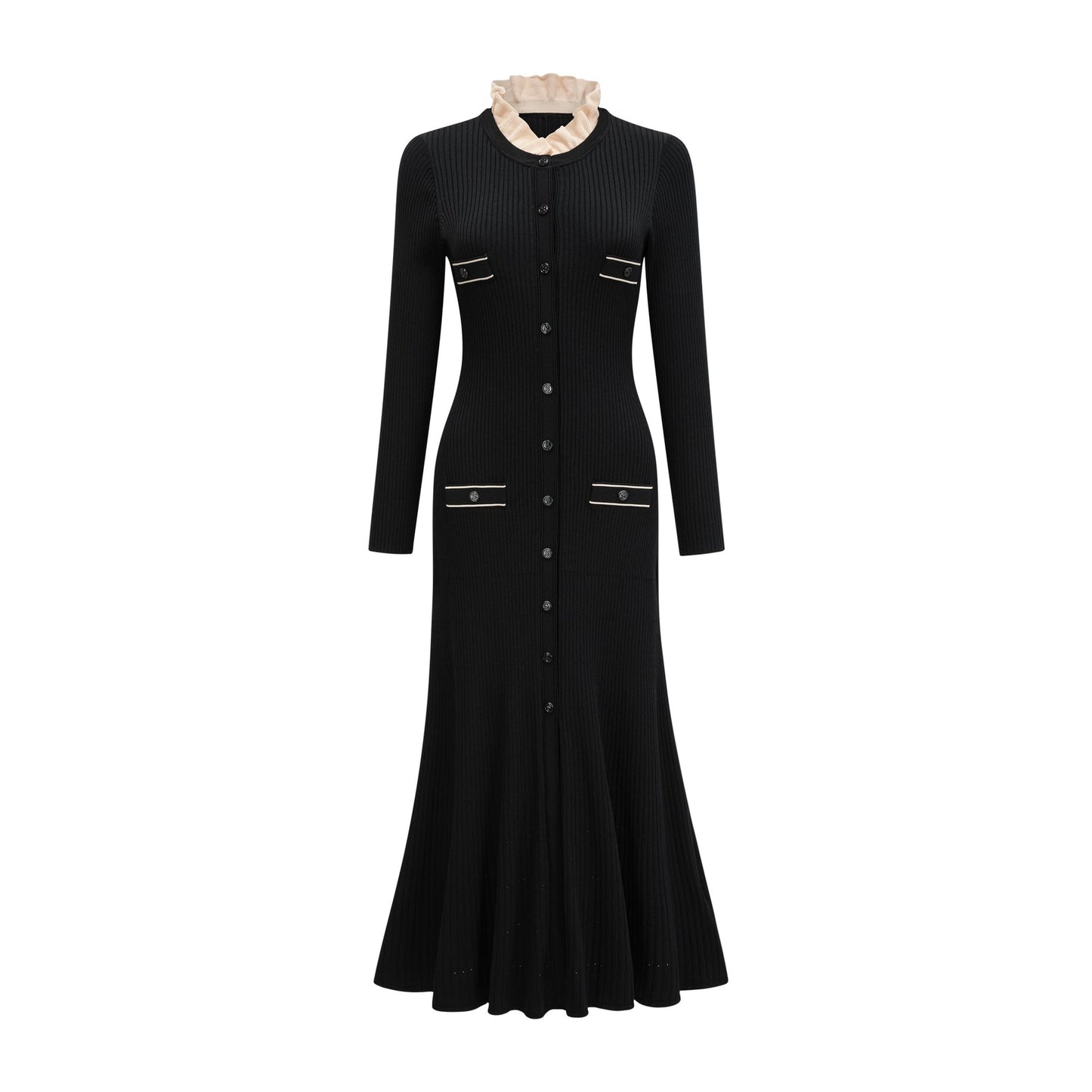 Nadège black ruffledneck knitted midi dress