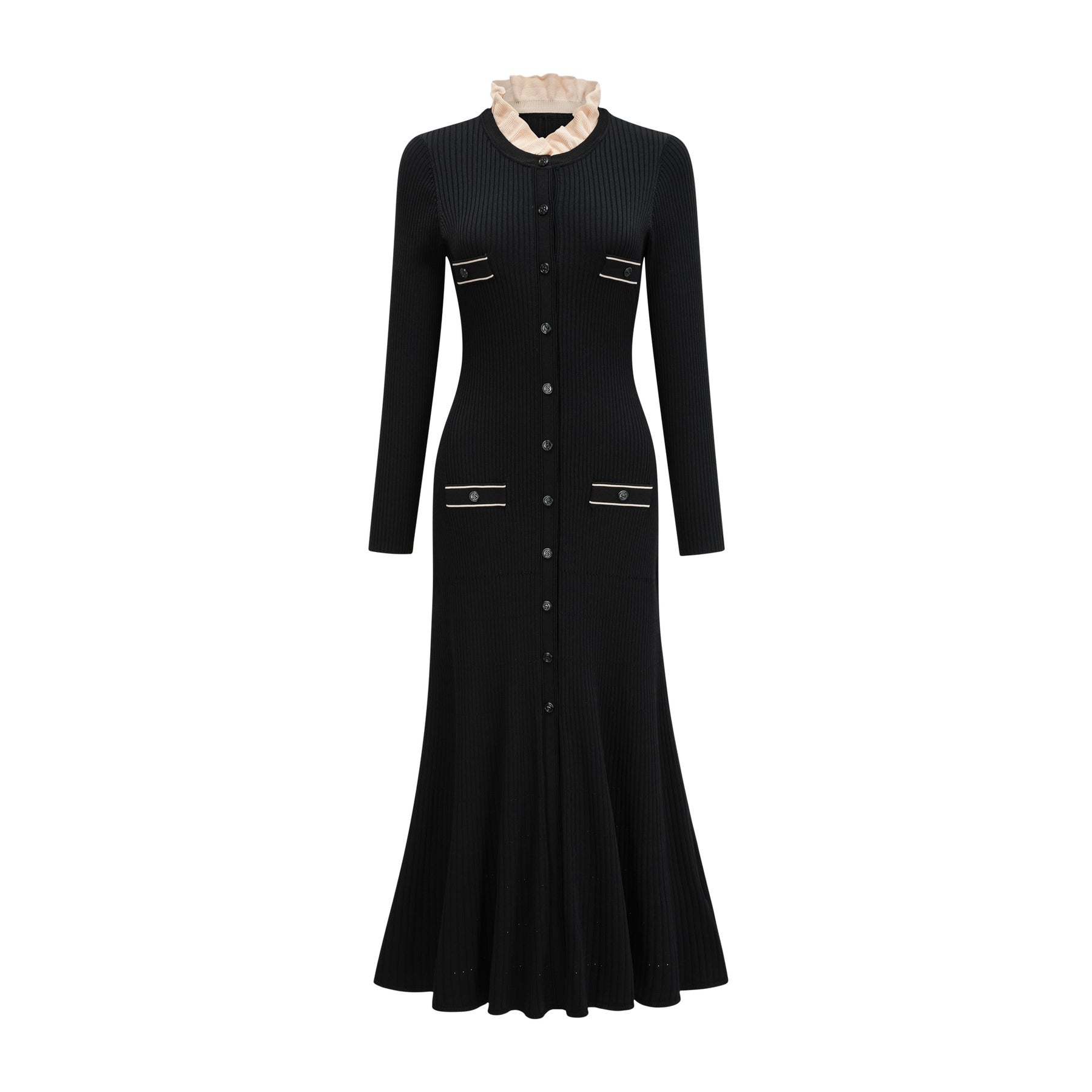 Nadège black ruffledneck knitted midi dress
