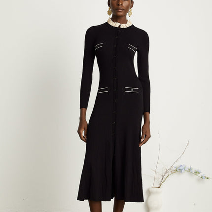 Nadège black ruffledneck knitted midi dress