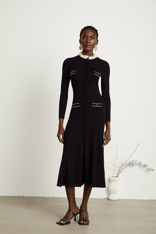 Nadège black ruffledneck knitted midi dress