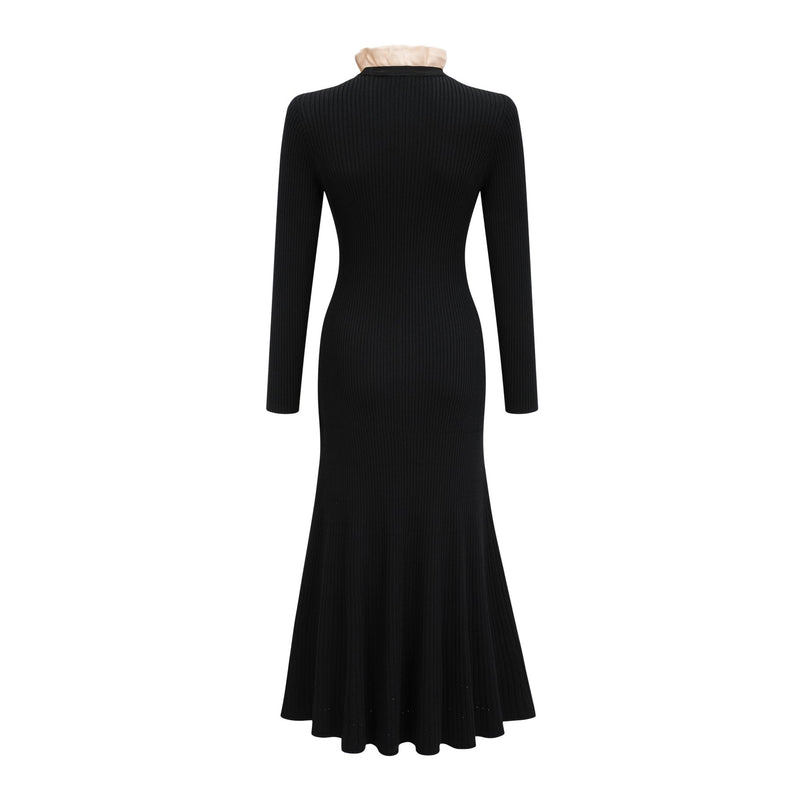 Nadège black ruffledneck knitted midi dress