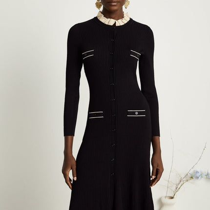 Nadège black ruffledneck knitted midi dress