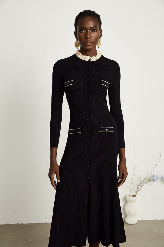 Nadège black ruffledneck knitted midi dress