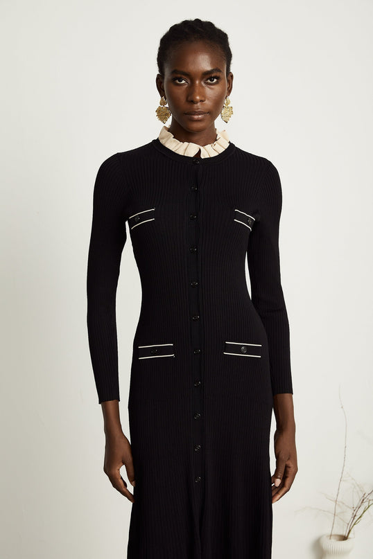 Nadège black ruffledneck knitted midi dress