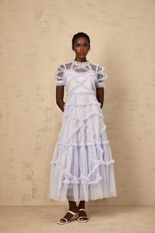 Nadia Blue Polka Dot Tulle Maxi Dress with Ruffle Design and Cinched Waist for Special Occasions