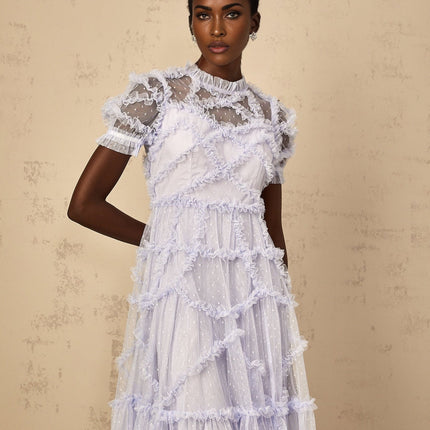 Nadia Blue Polka Dot Tulle Maxi Dress with Ruffle Design and Cinched Waist for Special Occasions