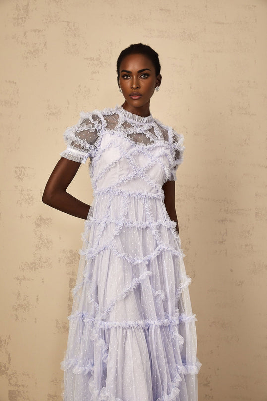 Nadia Blue Polka Dot Tulle Maxi Dress with Ruffle Design and Cinched Waist for Special Occasions