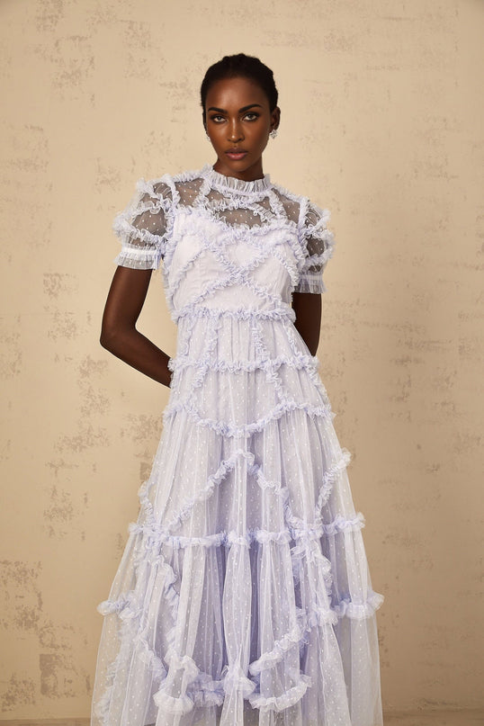 Nadia Blue Polka Dot Tulle Maxi Dress with Ruffle Design and Cinched Waist for Special Occasions