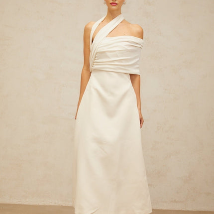 Nadia Cream White Asymmetric Halterneck Maxi Dress