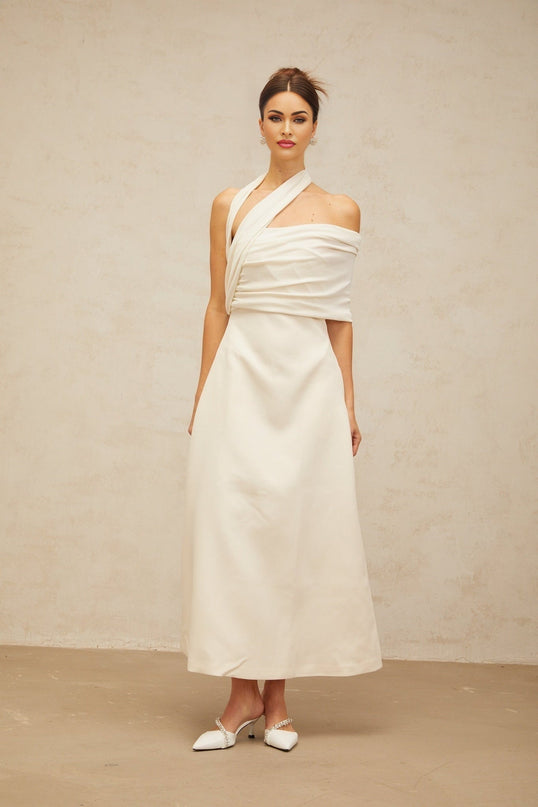 Nadia Cream White Asymmetric Halterneck Maxi Dress