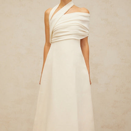 Nadia Cream White Maxi Dress with Asymmetric Halterneck Design and Cap Sleeve