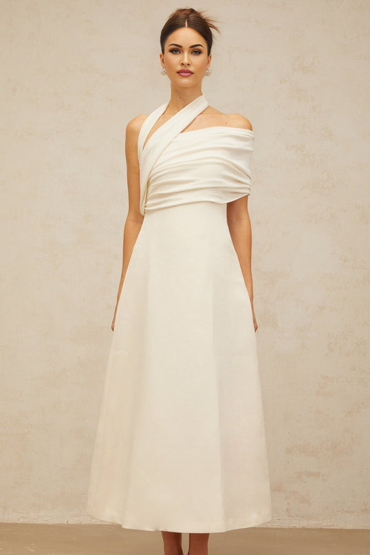 Nadia Cream White Maxi Dress with Asymmetric Halterneck Design and Cap Sleeve