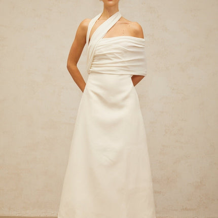 Nadia Cream White Asymmetric Halterneck Maxi Dress with Cap Sleeve and A-Line Silhouette