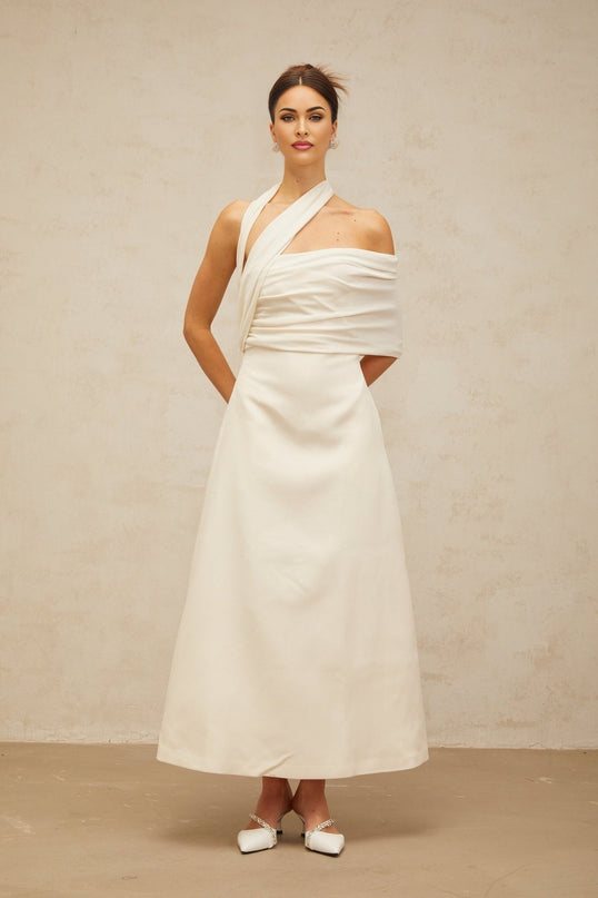 Nadia Cream White Asymmetric Halterneck Maxi Dress with Cap Sleeve and A-Line Silhouette