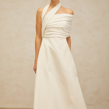Nadia Cream White Maxi Dress Asymmetric Halterneck Flared Skirt Cap Sleeve A-line Silhouette Zip Fastening Terylene Fiber Luxury Fashion