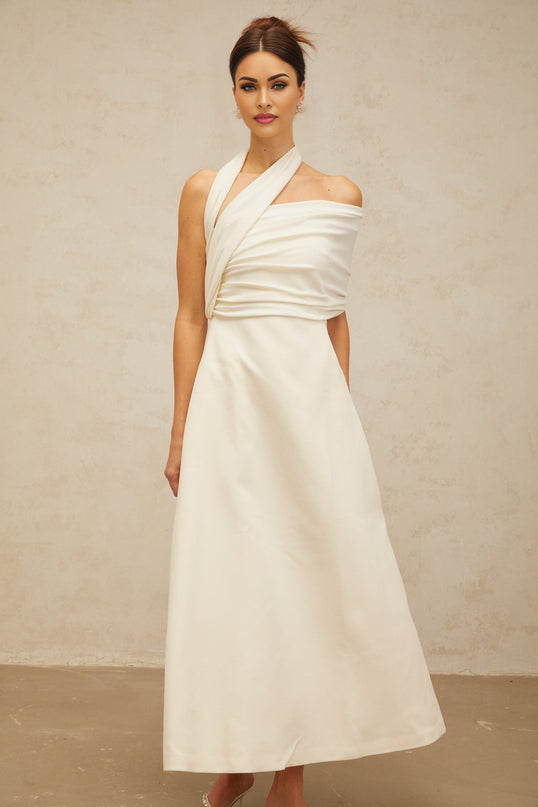 Nadia Cream White Maxi Dress Asymmetric Halterneck Flared Skirt Cap Sleeve A-line Silhouette Zip Fastening Terylene Fiber Luxury Fashion