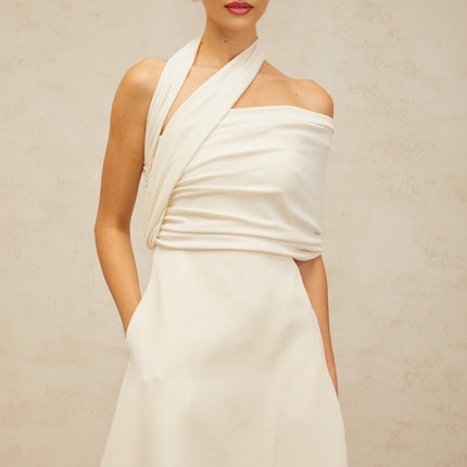 Nadia Cream White Maxi Dress with Asymmetric Halterneck Design