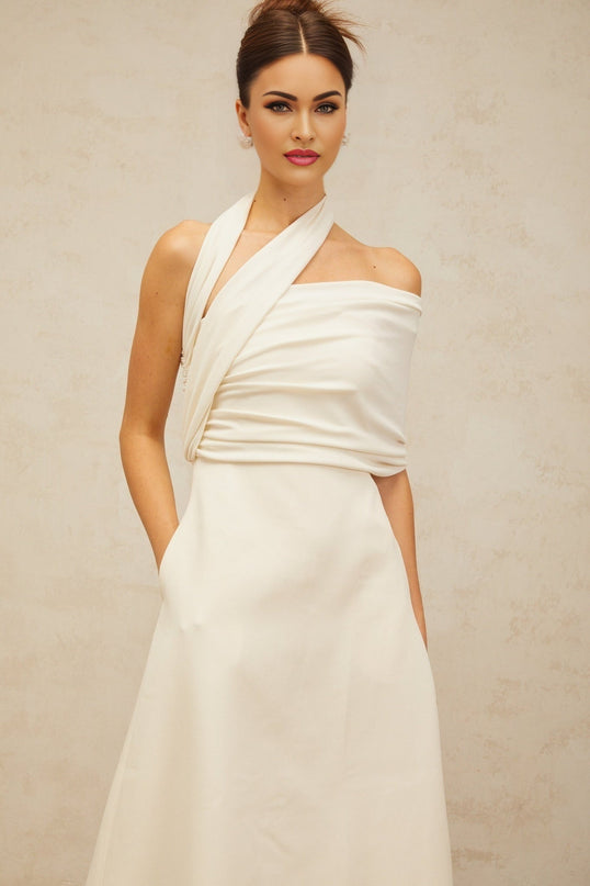 Nadia Cream White Maxi Dress with Asymmetric Halterneck Design