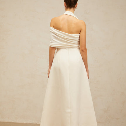 Nadia Cream White Maxi Dress with Asymmetric Halterneck Design and Cap Sleeve