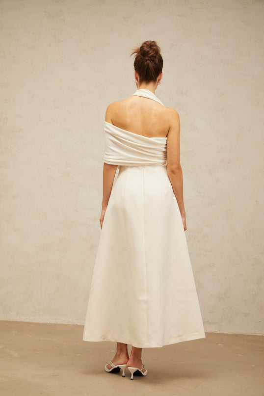 Nadia Cream White Maxi Dress with Asymmetric Halterneck Design and Cap Sleeve