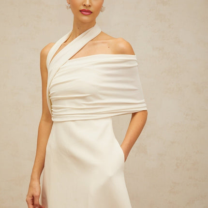 Nadia Cream White Maxi Dress with Asymmetric Halterneck Design and Cap Sleeve