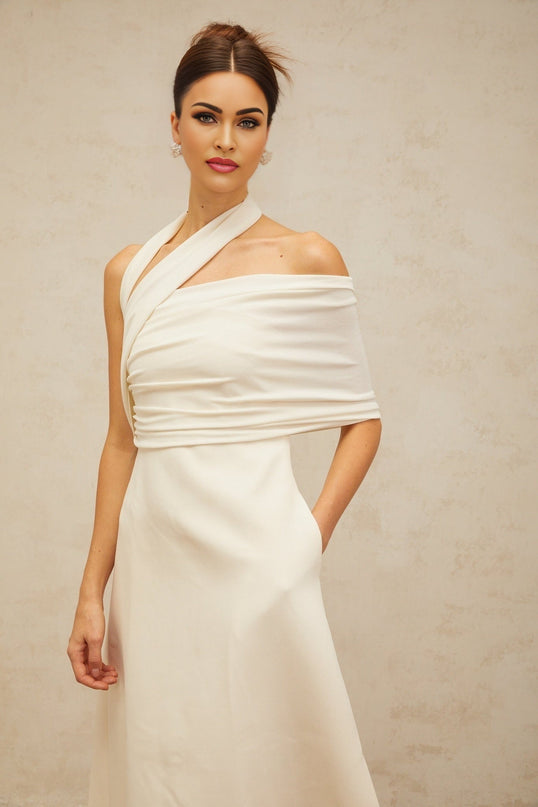 Nadia Cream White Maxi Dress with Asymmetric Halterneck Design and Cap Sleeve