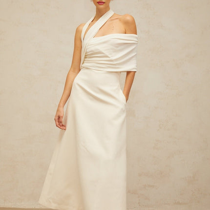 Nadia Cream White Maxi Dress with Asymmetric Halterneck Design and Cap Sleeve