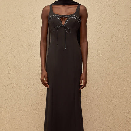 Nadia Maxi Dress in Black Eyelet Corset Style and Scarf Design