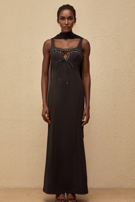 Nadia Maxi Dress in Black Eyelet Corset Style and Scarf Design