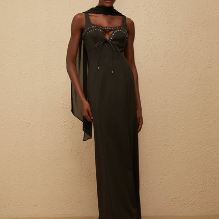 Nadia Maxi Dress in Black Eyelet Corset Style & Scarf Design