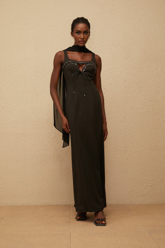 Nadia Maxi Dress in Black Eyelet Corset Style & Scarf Design