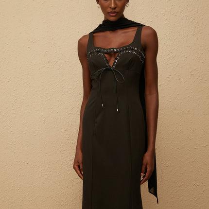 Nadia Maxi Dress in Black Eyelet Corset Style & Scarf Design