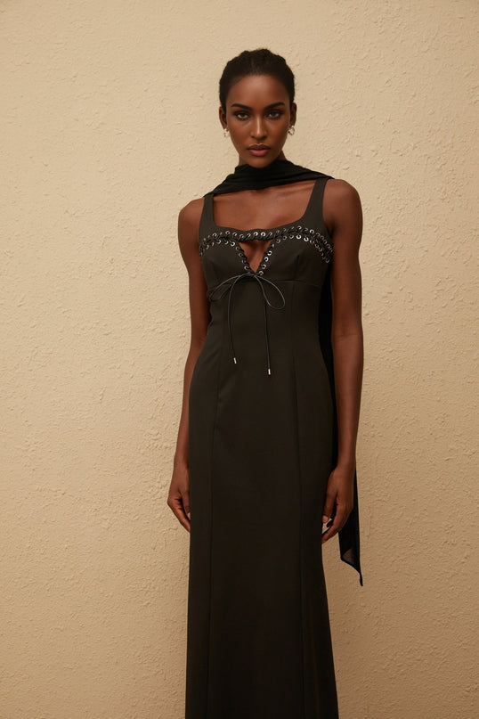 Nadia Maxi Dress in Black Eyelet Corset Style & Scarf Design