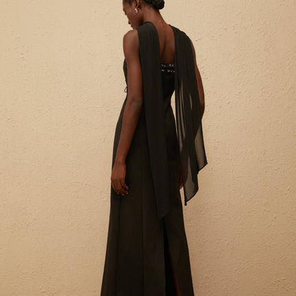 Nadia Maxi Dress in Black Eyelet Corset Style & Scarf Design