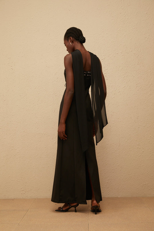 Nadia Maxi Dress in Black Eyelet Corset Style & Scarf Design
