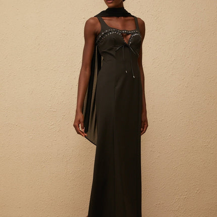 Nadia Maxi Dress in Black Eyelet Corset Style & Scarf Design