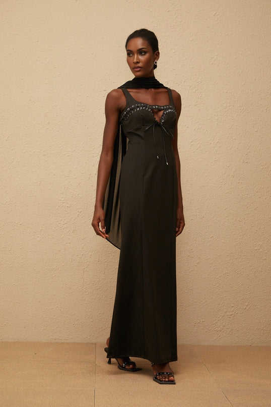 Nadia Maxi Dress in Black Eyelet Corset Style & Scarf Design