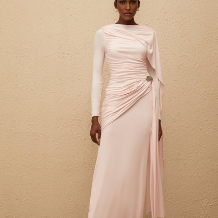 Nadia Maxi Dress in Pink with Knitted Construction and Ruched Detailing