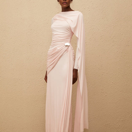 Nadia Maxi Dress in Pink with Ruched Detailing and Ribbon Design