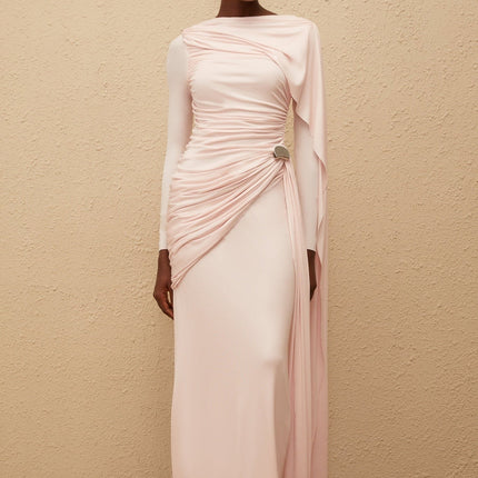 Nadia Maxi Dress in Pink elegant knitted construction with ruched detailing and ribbon design