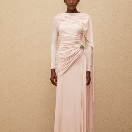 Nadia Maxi Dress in Pink with Knitted Construction and Ruched Detailing