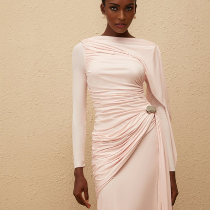 Nadia Maxi Dress in Pink with Knitted Construction and Ruched Detailing