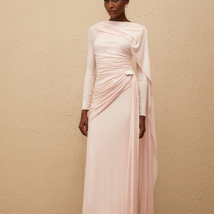 Nadia Maxi Dress in Pink with Ruched Detailing and Silver Hardware