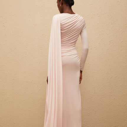Nadia Maxi Dress in Pink with ruched detailing and ribbon design