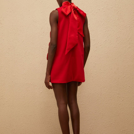 Nadia Mini Dress in Red with Rose Appliqué Detailing and Turtleneck
