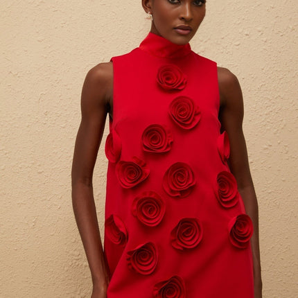 Nadia Mini Dress in Red with Rose Appliqué Detailing and Turtleneck