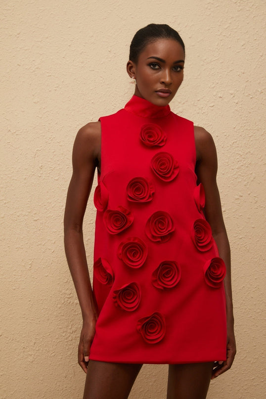 Nadia Mini Dress in Red with Rose Appliqué Detailing and Turtleneck